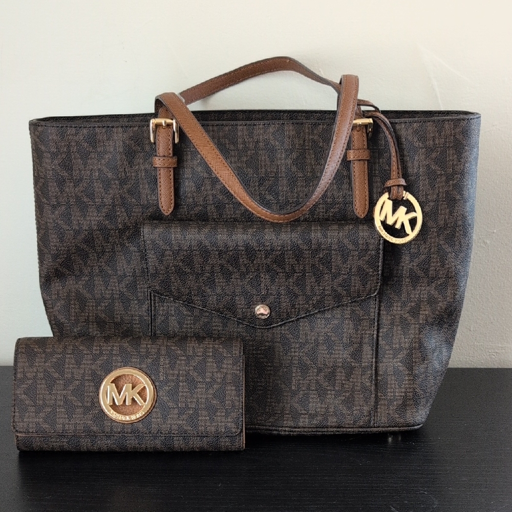 Michael Kors Dark Brown Tote and Wallet Set